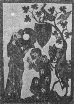 Der "Schenk vom Limburg", eine Rittergestalt aus der Manessischen Handschrift in einer Haltung, die der Figur auf dem Pilgerstein ähnelt.